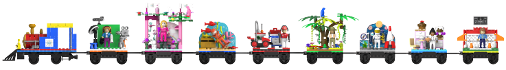 NovaBrix Adventure Pals playsets and steam engine linked together