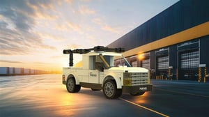 A NovaBrix Holman upfitted truck building brick set is parked in front of a warehouse building.